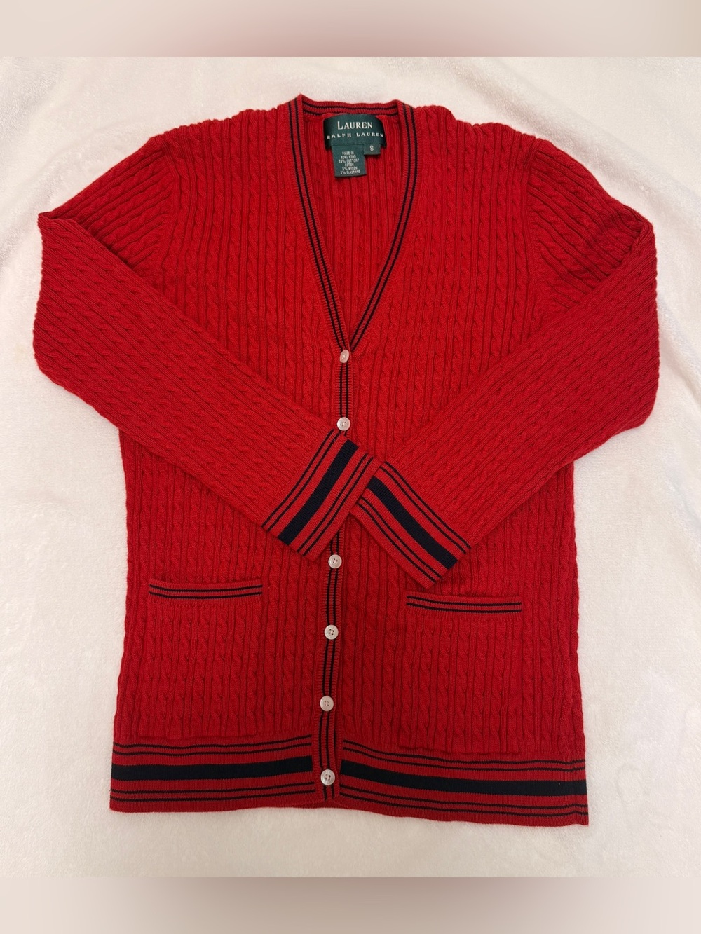 Ralph Lauren Red Cable-Knit Cardigan with Navy Trim